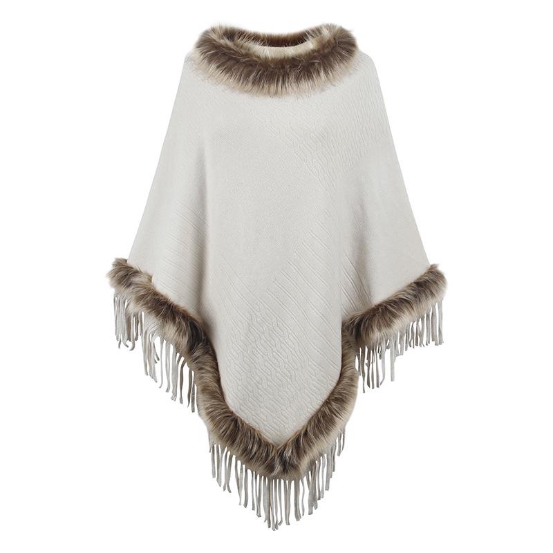 Mao Mao Yu Women's Solid Color Tassel Cape: 2026 Autumn/Winter European & American Loose Knit Pullover Shawl
