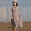 2025 summer new printed cotton and linen dress for women's thin lapel short sleeves small floral medium and long dress