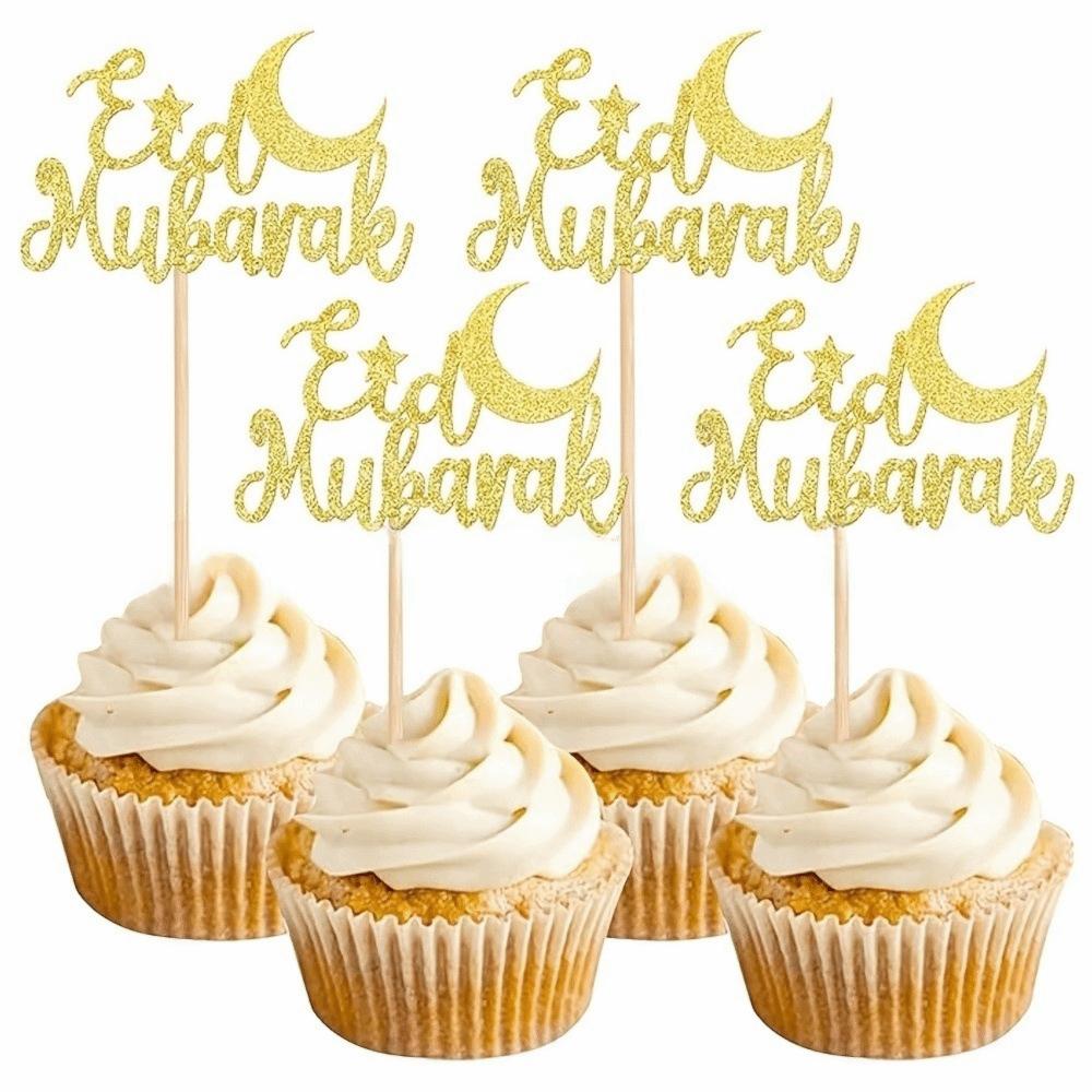 

24PCS Decorative Cake Decorative Toppers Eid Mubarak Ramadan Mubarak Cupcake Topper Glitter Gold Dessert Decorative Accessories