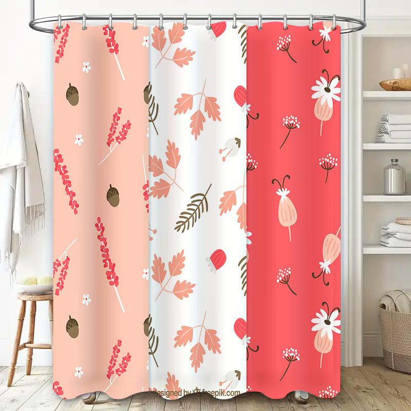 Stylish Bath Curtains with Autumn Leaves Design Set of 3 for Home Bathroom Decor in Pink, White Red Floral Pattern.