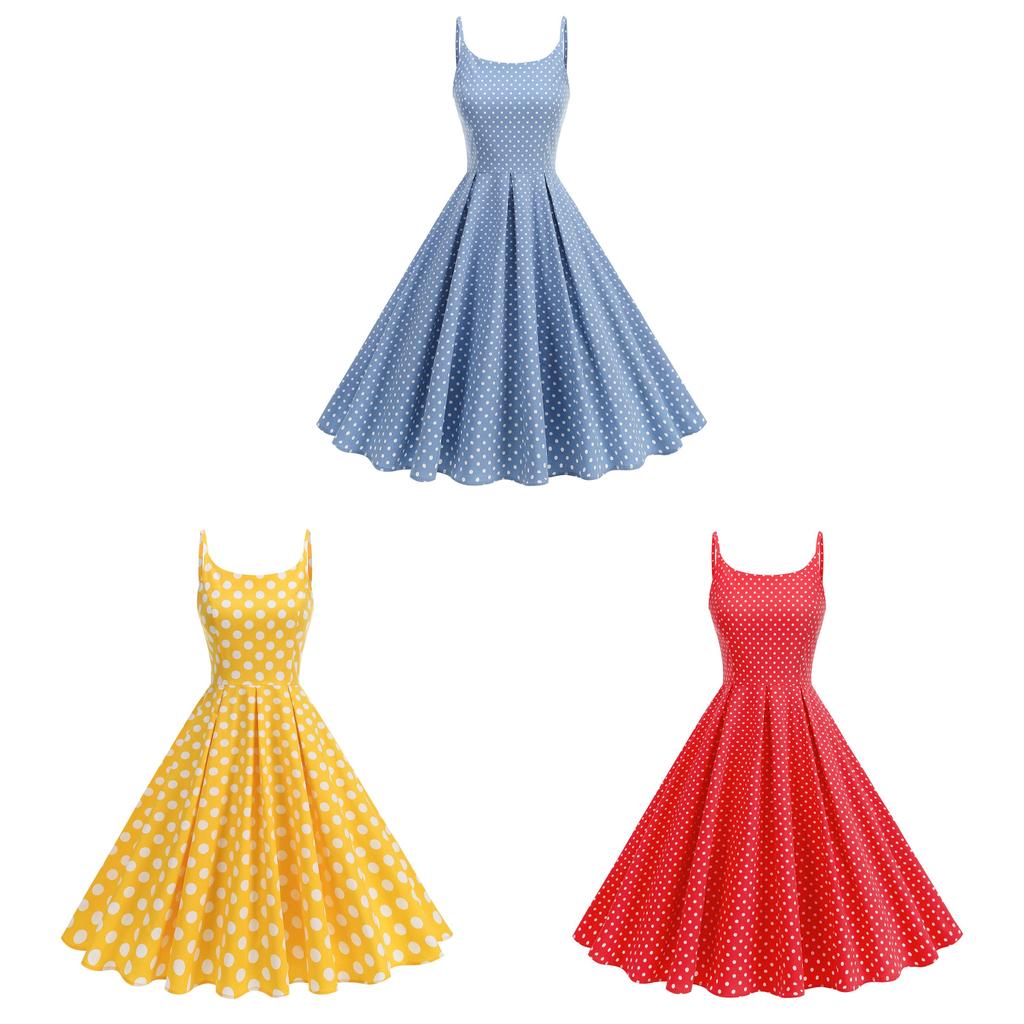 Hebe Style Vintage Dot Print Sleeveless Midi Dress For Casual Travel