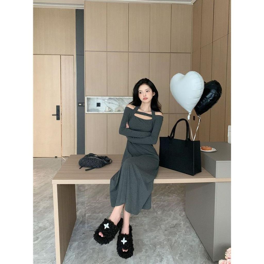 Spice girl design sense neck one word shoulder dress women's spring design sense slim and thin a word long skirt tide