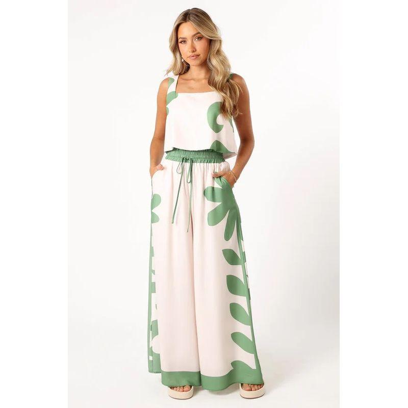 

Vest and Pants Set Western Style New Fashion Loose Casual Print Vest Wide Leg Pants Two-Piece Set Light green S