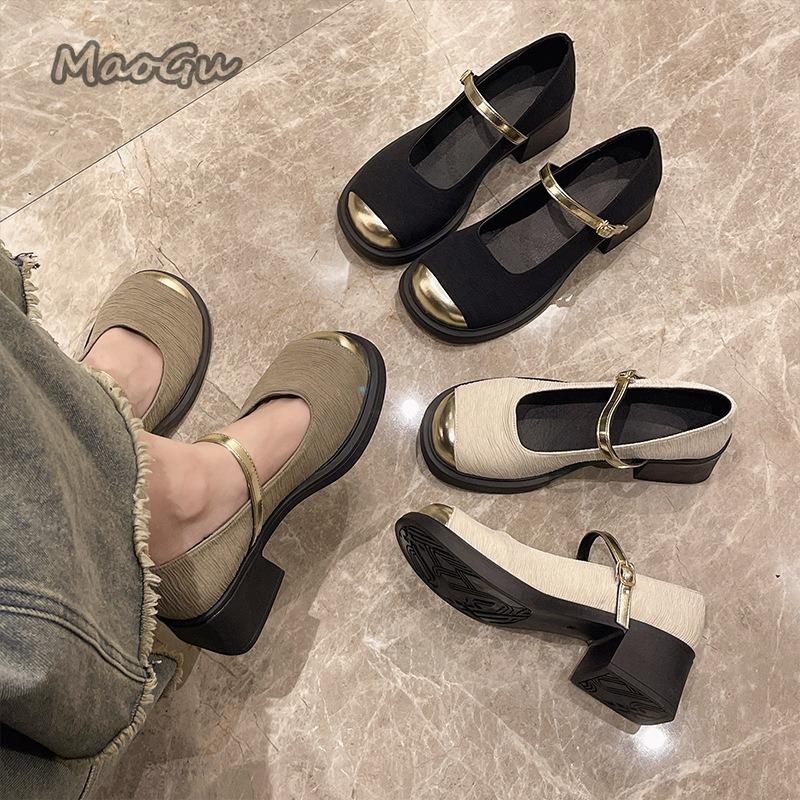 Mary Janes French High Heels Thick Soled Spring Autumn Footwear Round Toe Buckle Strap Ladies Mid Heel Pumps Zapatos De Mujer