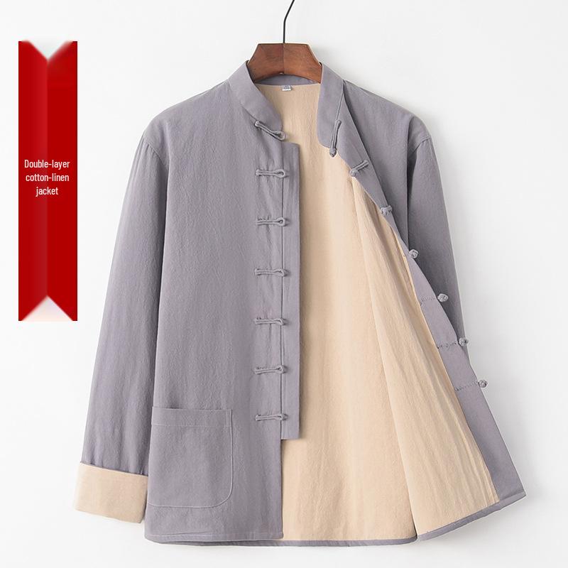 Men's Cotton Linen Tang Suit Jacket - Double-Layer, Chinese Style for All Seasons