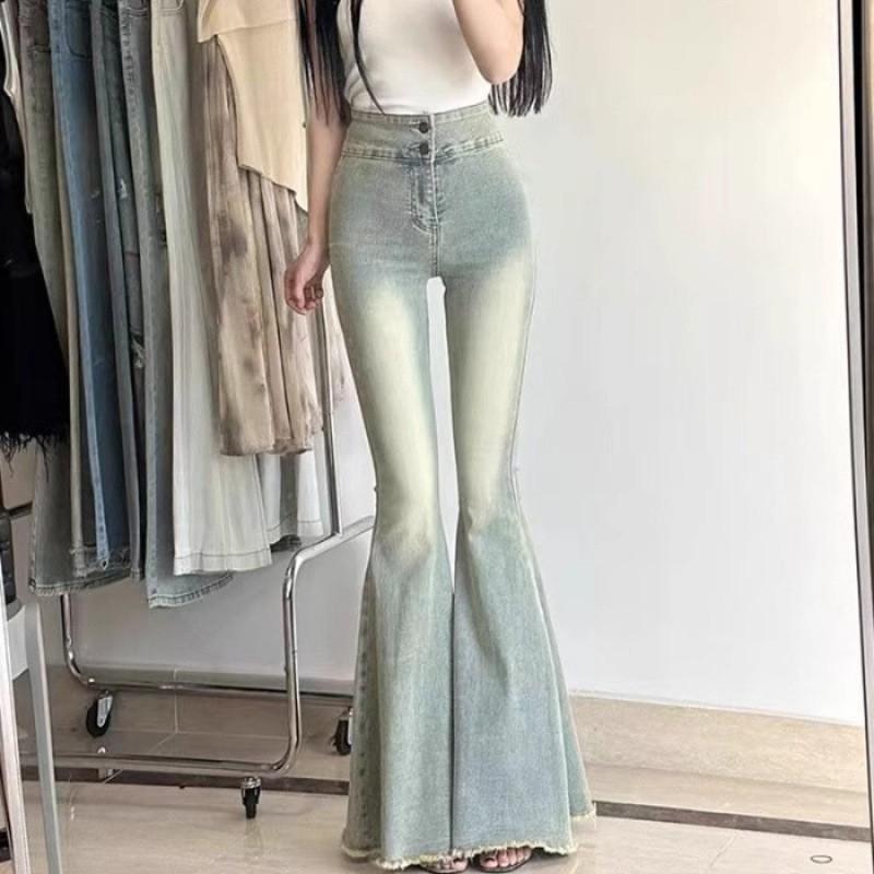 High Waist Flared Wide Leg Denim Pants Women Stretchy Cropped Hem Bell Bottom Trousers XS