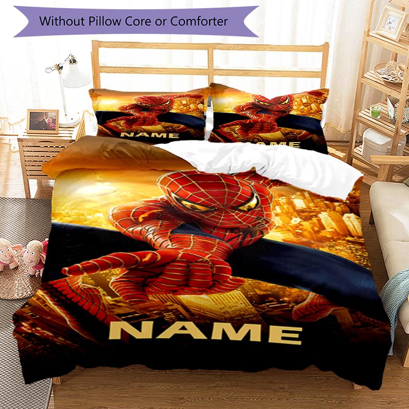 3pcs Custom Name Spider Man Bedding Set Duvet Cover Closure Includes 1 Duvet Cover & 2 Pillowcases, Soft and Comfortable for All Seasons.