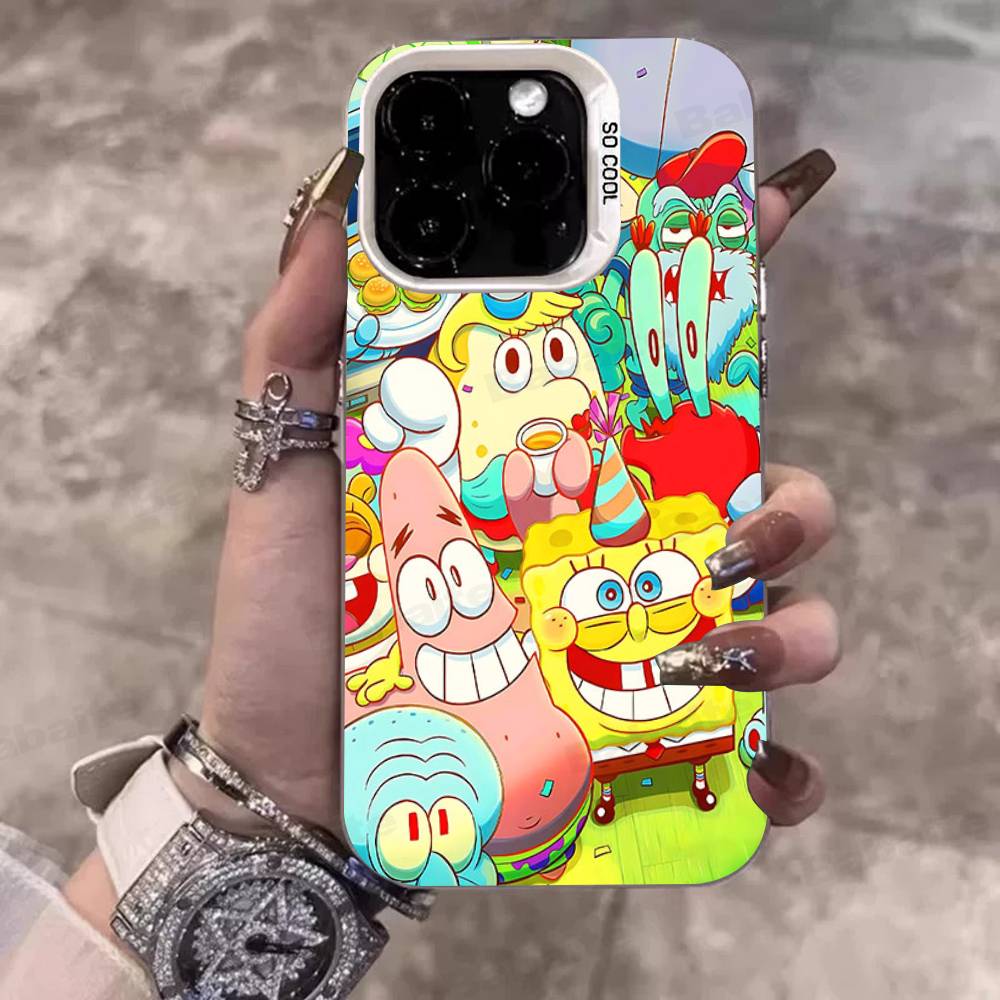 Cartoon Niedlich S-SpongeBob Anime Handyhülle Für IPhone 17 16 15 14 11 12 13 Pro Max Pro Plus Farbige Silberne Hülle
