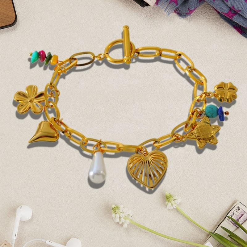 Stylish Multi Charm Bracelet Multi Pendant Bracelet with Flower and Heart Details Elegant Wrist Chain Jewelry
