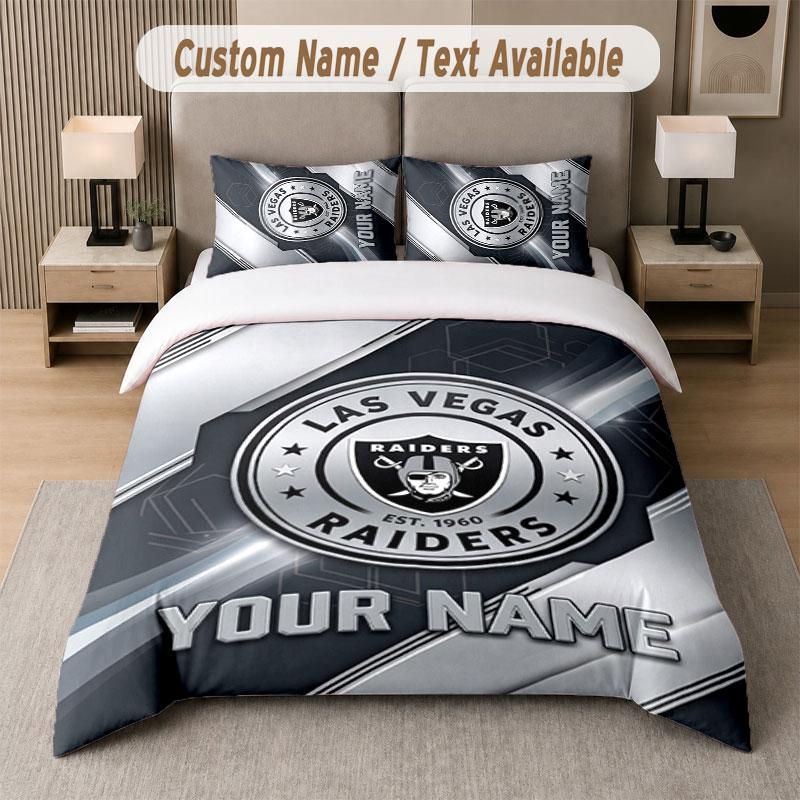 Custom Bedding Set Las Vegas Raiders Pattern, Print Name Text 1 Duvet Cover Plus 2 Pillowcases Home Textile
