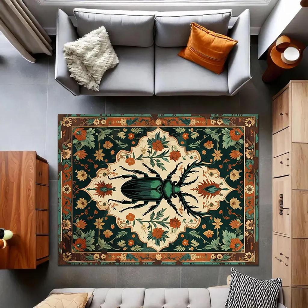 Vintage Stag Beetle Rug, Gothic Insect Carpet with Botanical Carpet, Boho Persian Style Bug , Mothcore Home Decor Mat Insect Rug