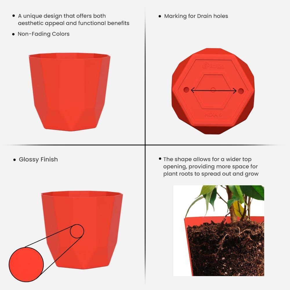 Hexa 6 Inch Pack of 6 Piece Plastic Plant Pot for Home Decor Indoor Plant Pots for Living Room Plastic Flower Pot for Garden (Red)