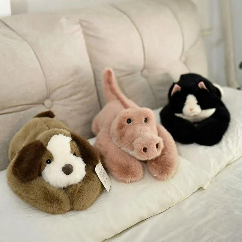 Flat Black White Tuxedo Cat Plush Cozy Toy Cute Doll Rounded Squat Silhouette Pink Inner Ear Simple Gentle Facial Stitch Compact