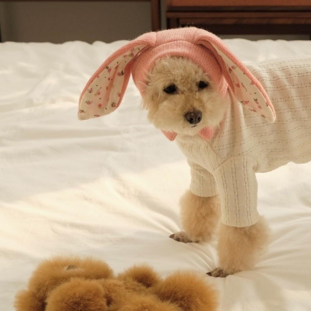 Cute Rabbit Ears Pet Hat Warm Floral Pattern Dog Windproof Cover Comfortable Soft Elastic Pet Headgear Small Medium Dog