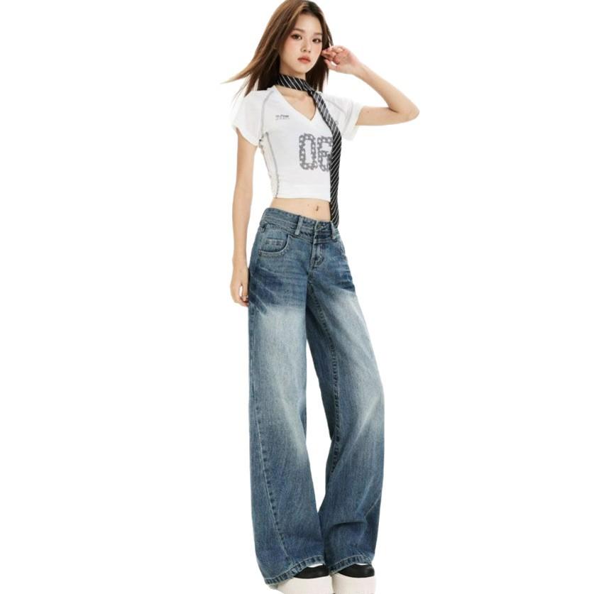 Jeans Female Fall Big Yards Loose Low Waist Hundred Match Show Thin Wide Leg Straight Pants Retro High Waist Street Style Baggy Long Jeans for Ladies