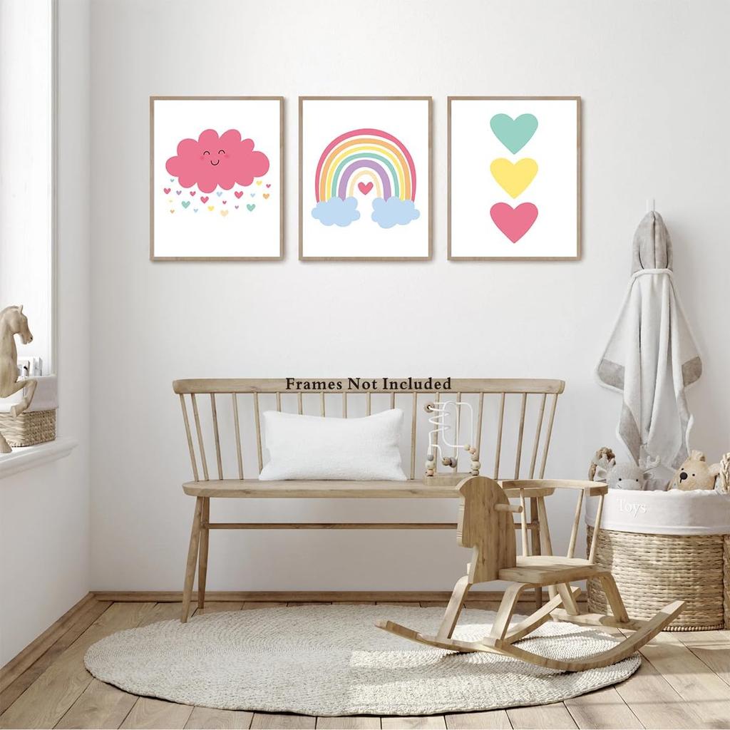 Pink Nursery Canvas Wall Art Rainbow Art Poster,Boho Rainbow Sun Hearts Canvas Wall Art,Kids Bedroom Baby Girls Toddler Pastel Wall Print for