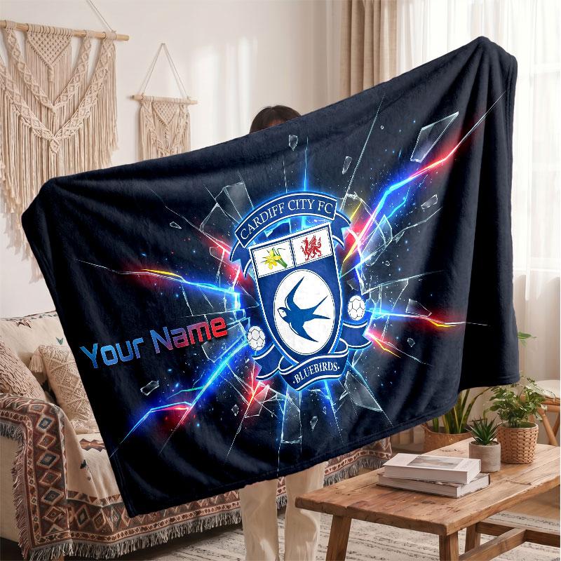 Cardiff City Personalized Fleece Blanket With Football Logo, Custom Name Text Soft Warm Home Throw Blanket