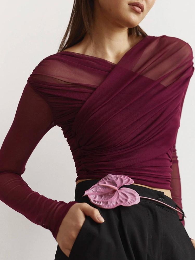 Y24TP472 T-shirt Sexy da Donna in Rete Pieghettata a Manica Lunga - Colore Unito, Moda Autunnale Europea e Americana