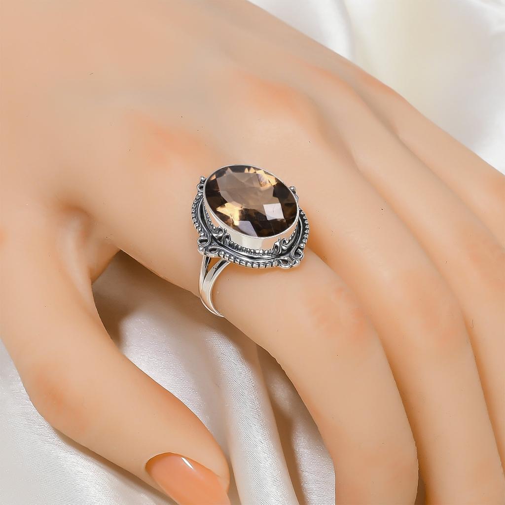 Smokey 925 Sterling Silver Ring V6432, Brown Ring, Oval Ring, Valentin's Day Gift, Gift For Her, Birthday Gift, Handmade Jewelry, Silver Jewelry, Uniq