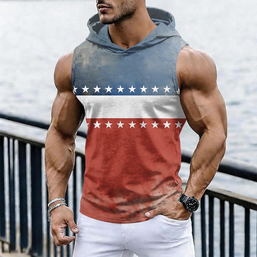 Men's Casual Sleeveless Hoodie Tank Top with Independence Day Print Lightweight Summer Muscle Fit Activewear
