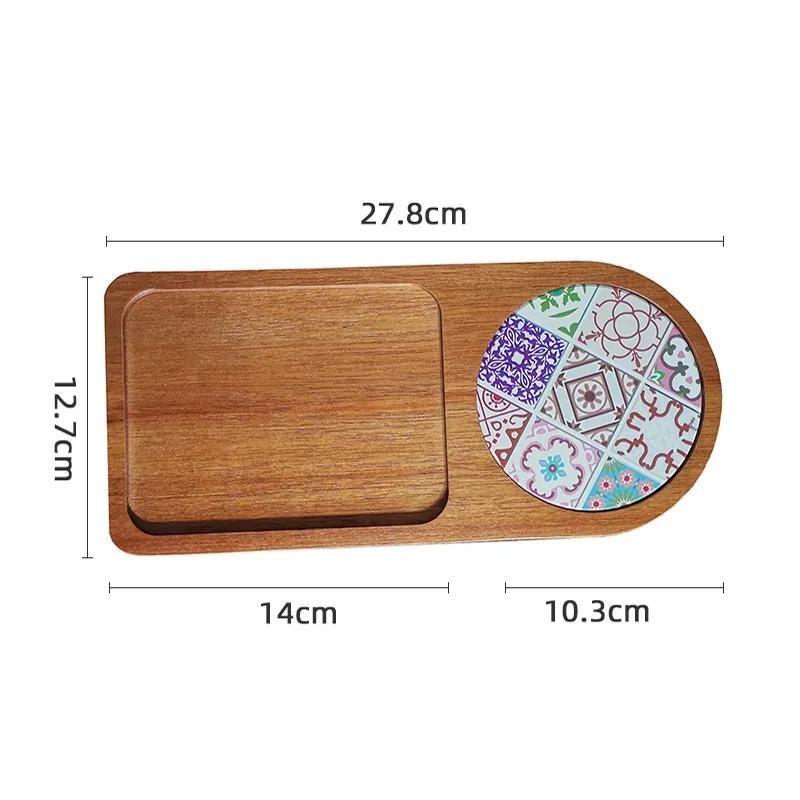Japanese Wooden Tray with Ceramic Coaster for Cups Plates Retro Bread Dessert Breakfast Display