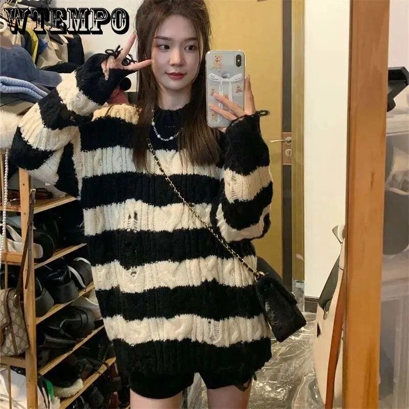 Punk Style Irregular Ripped Sweater Women's Striped Knit Pullover Loose Long-sleeve Crew Neck Top Twist Pullover Coat Korean Fashion