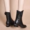 Pointed fashion short boots women's autumn and winter new black bow embossed cowhide side zipper medium boots