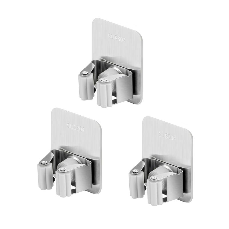 304 Stainless Steel Mop Holder Wall Mounted Adhesive Multi-Purpose Hooks Household Storage Organizer Rack Broom Hanger Stick