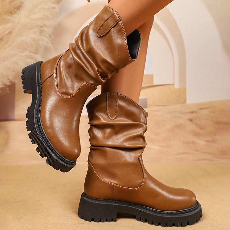 Fashion Fashion Chunky Platform Mid Calf Boots for Women Pleated Design PU Leather Western Boots Woman Autumn Winter Botas De Mujer 2025