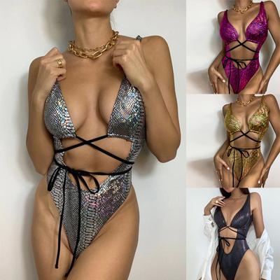 Women's Sexy Jumpsuit High Cut Monokini Hollow Out Swimwear Dance Lingerie Shiny  Bikini Set