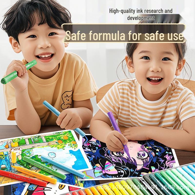 24-Color Dual-Tip Acrylic Marker Set - Washable, Water-Based, Safe for Students