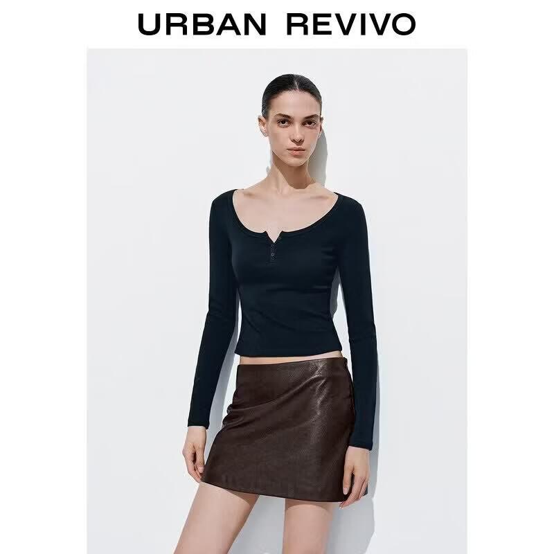 UR Women's Crew Neck Long Sleeve Button-Up Basic T-Shirt