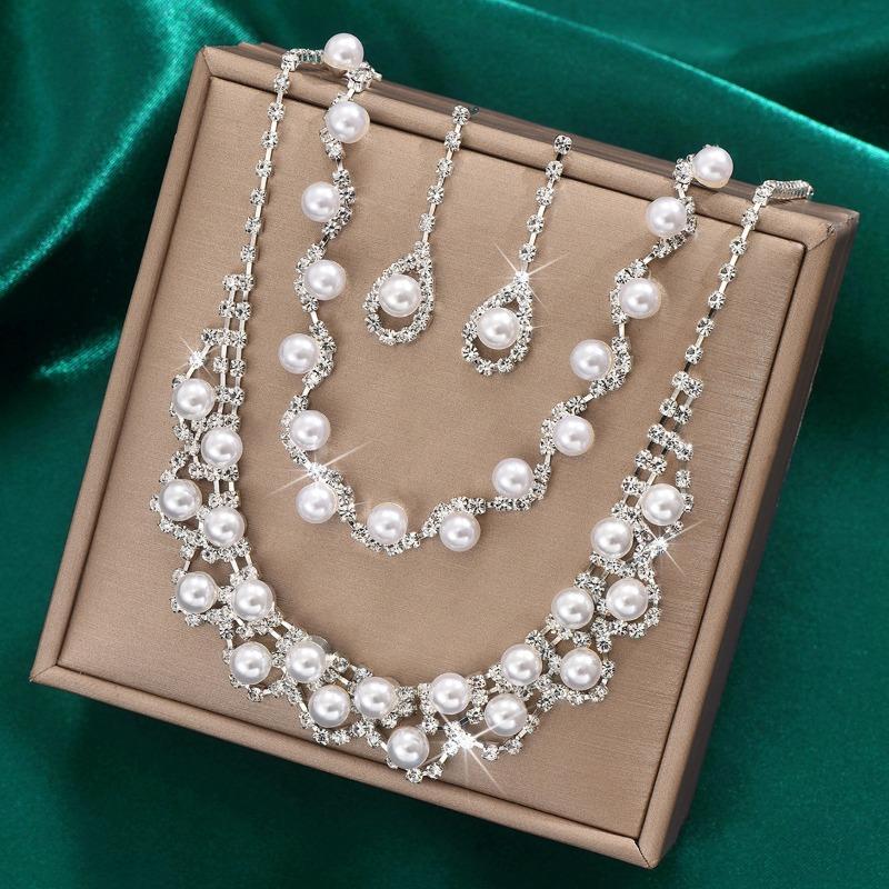 Meier Bridal Fashion Necklace and Earring Set - Three-piece High-end Rhinestone Jewelry Set