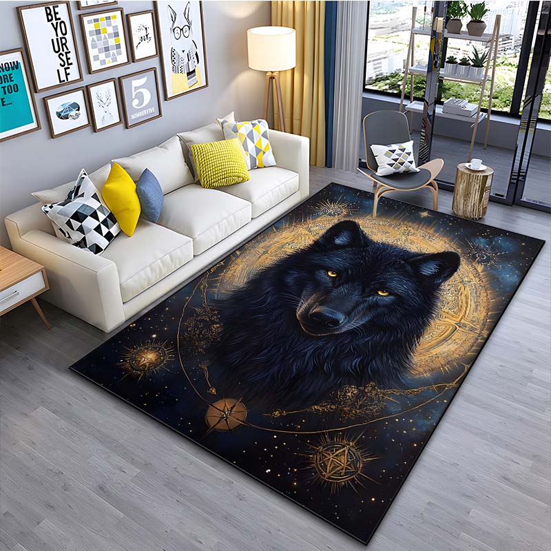Black Wolf Pattern Area Rug–Stylish Carpet for Living Room or Bedroom – Non-Slip Bedside Floor Mat, Cool Home Decor Gift for Men