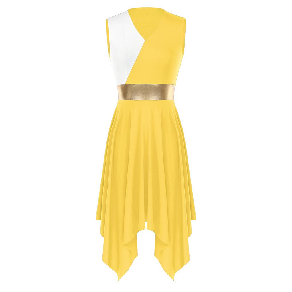 Womens Party Dance Dress V Neck Sleeveless Color Block Patchwork Irregular Hem Performance Outfit