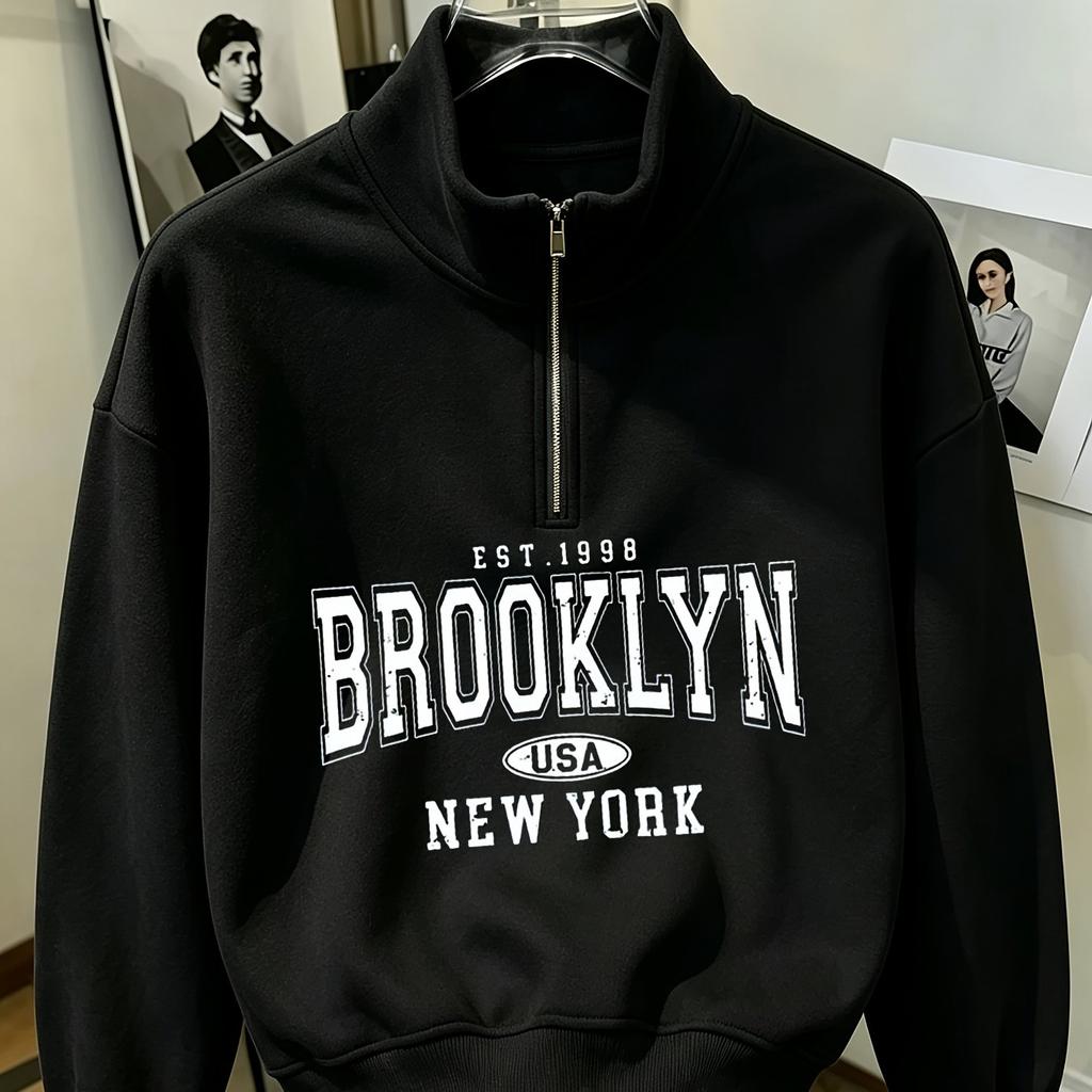 Autumn and winter women's stand-up collar half-zip drop shoulder loose fit sweatshirt trendy best-selling prints
