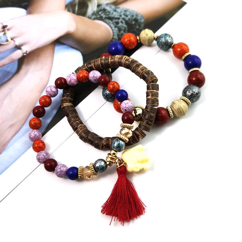 Bohemian Ethnic Beaded Bracelets with Elephant and Tassel 