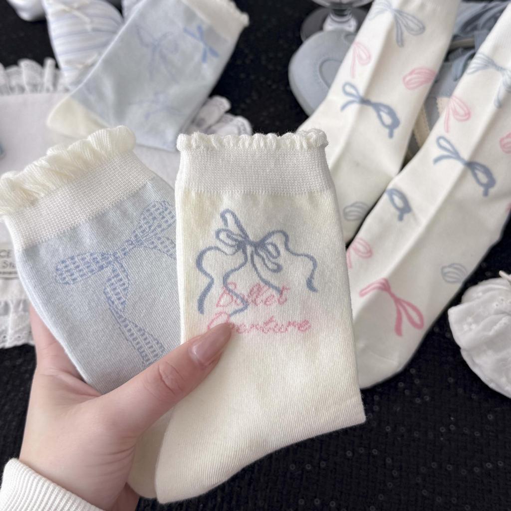 Light Blue Ballet Bow Mid-Calf Socks - Korean Cotton Ruffle Design.