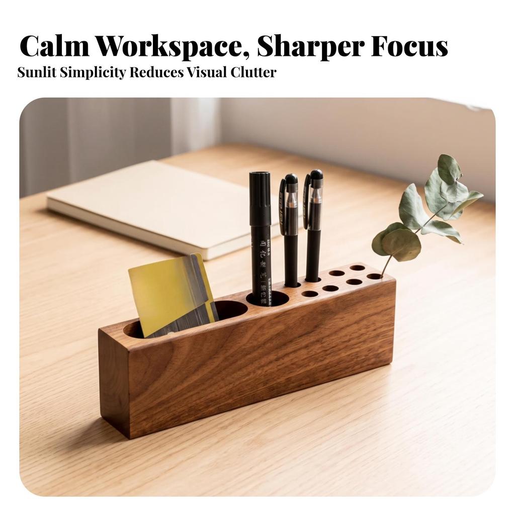 Pen Holder with Card Slot Natural Wood Desk Tidy Compact for Study Room