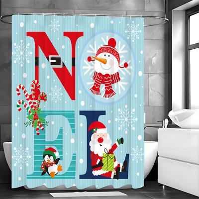 Christmas Santa Claus Snowman Penguin Crutch Candy Shower Curtain, Bathroom Decorative Shower Curtain, Waterproof Shower Curtain