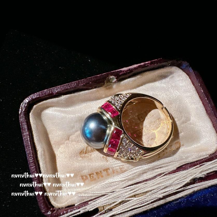 Kaiserliches Brasilien Rosa Lila Chalcedon Edelsteinring, Meerjungfrauentränen, Tahitianischer Ragon Platin Grau Perlen Halskettenring