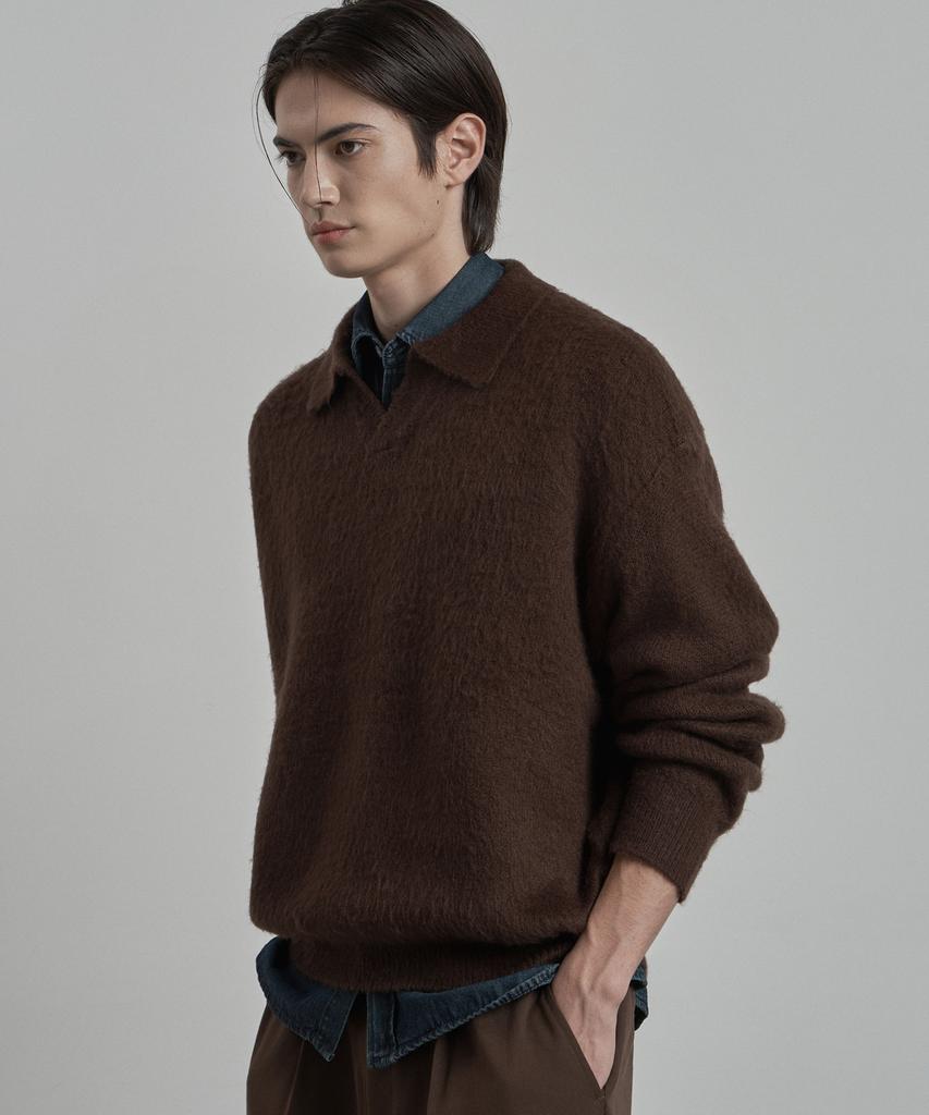 WORK ON BODY OFF Lanugo Semi-Overfit Brush Collar Knit [Brown]