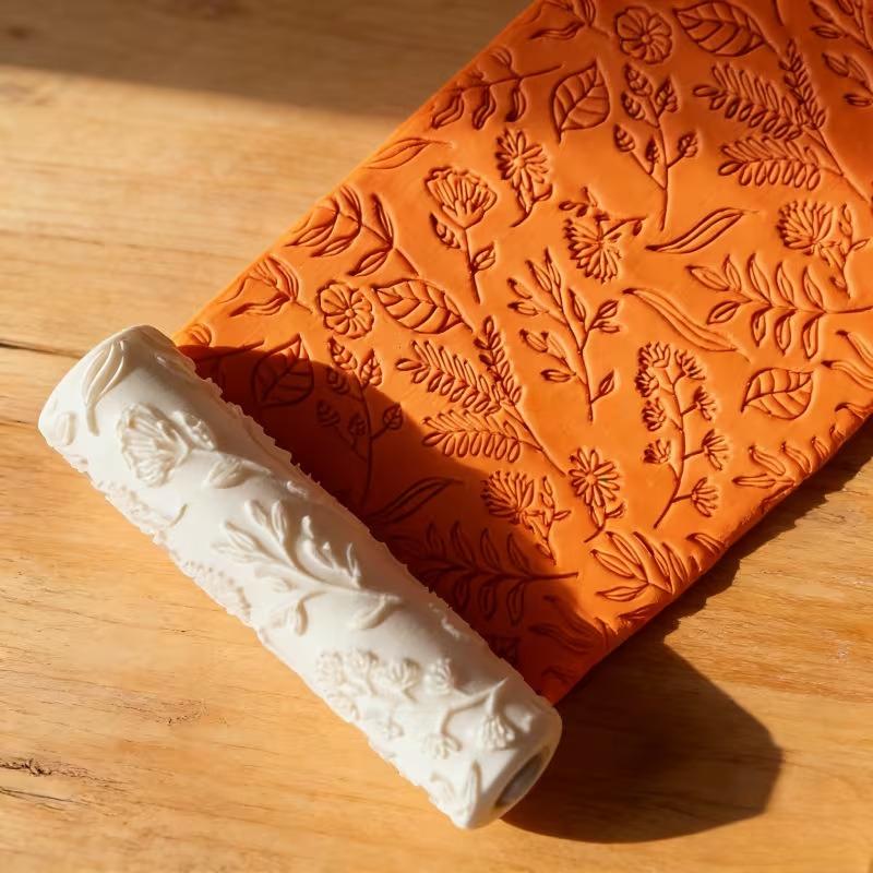 1 Stück explosives Blatt- und Blumenstruktur-Prägerolle, Prägewerkzeug, geeignet für Keramik, DIY handgefertigte Rolle