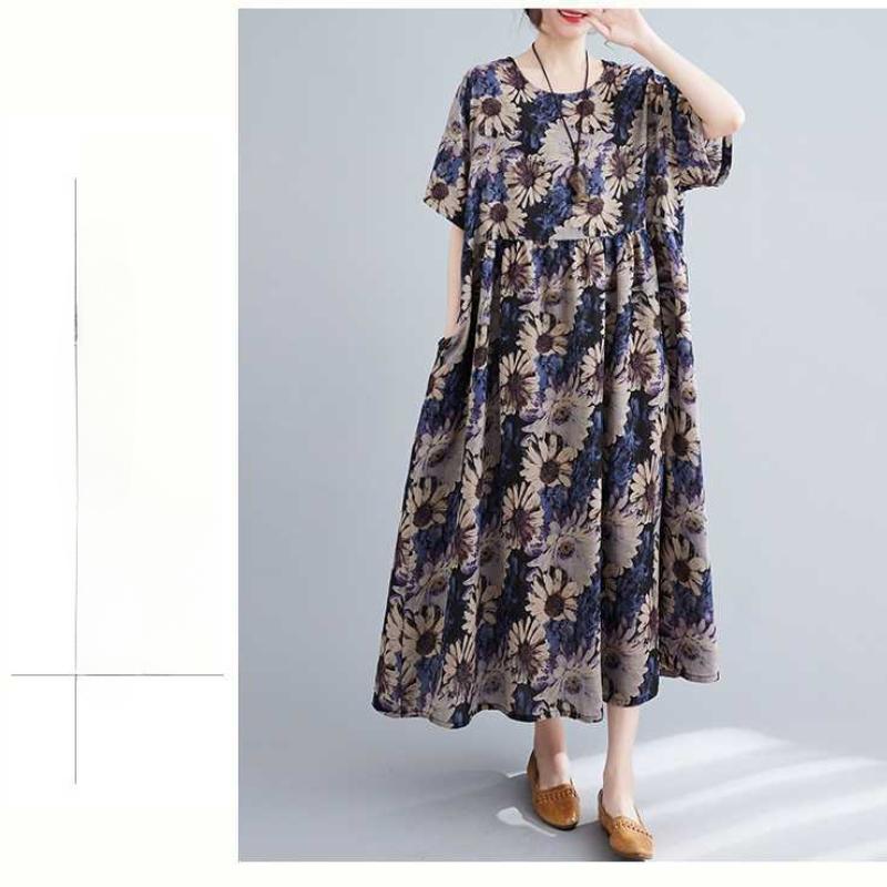 Loose and Fashionable Printed Cotton Linen Short Sleeved Casual Dress