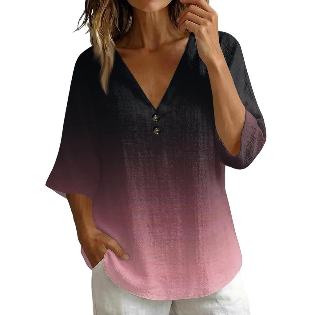 Damen V-Ausschnitt Kurzarm T-Shirt, Vintage Blumenprint Lockere Passform Lässiges Baumwoll-Leinen Oberteil