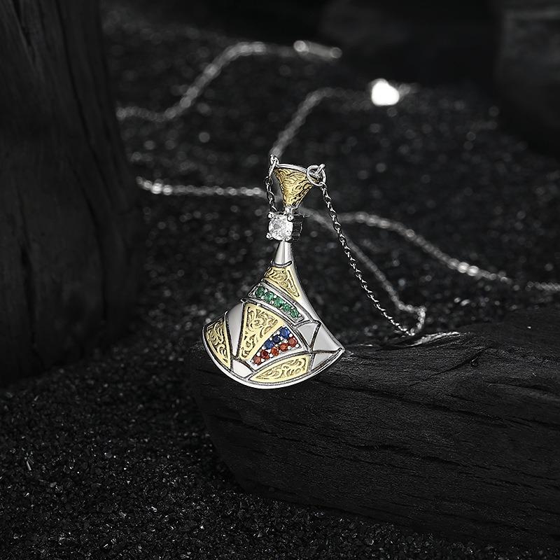 S925 Sterling Silver Fan-shaped Micro-inlaid Colored Diamond Necklace Female Retro Elegant Niche Design Cold Light Luxury Fashion High Sense