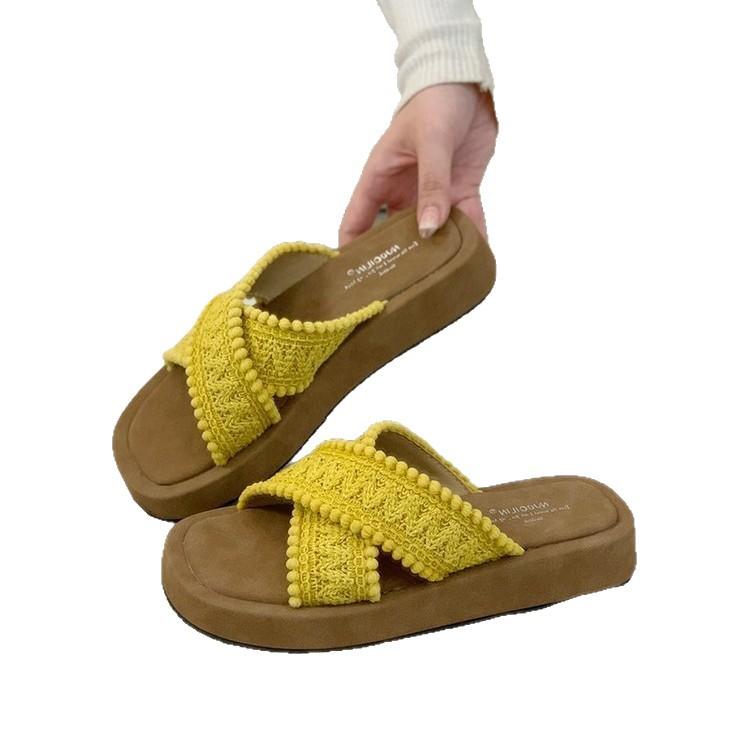 Thick-soled Cross-strapped Knitted Slippers Women's Outer Wear Summer Retro Niche Boken Shoes Open-toed Beach Vacation Cool Slippers