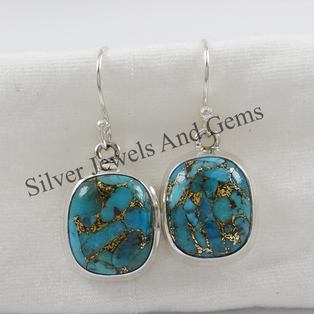 Blue Copper Turquoise Earrings, 925 Sterling Silver, Rectangle Gemstone