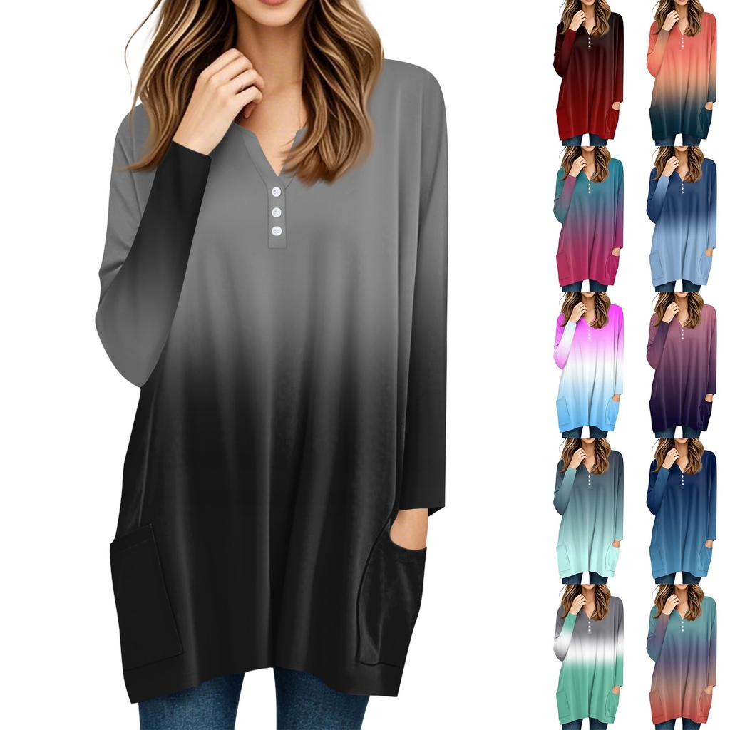 Womens Tops V-neck Button Long Sleeve Blouses Casual Mid-length Shirts Fashion Print Tunic Tops With Pockets