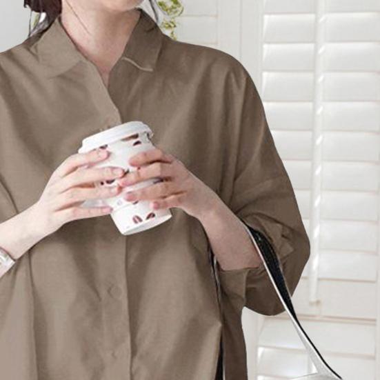 Women Shirt Lapel Long Sleeve Single Breasted Shirt Tops Solid Color Mid-length Irregular Shirt Tops Work Wear